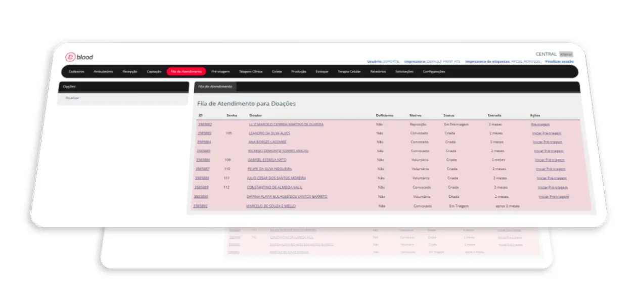 Tela de dashboard do eblood.